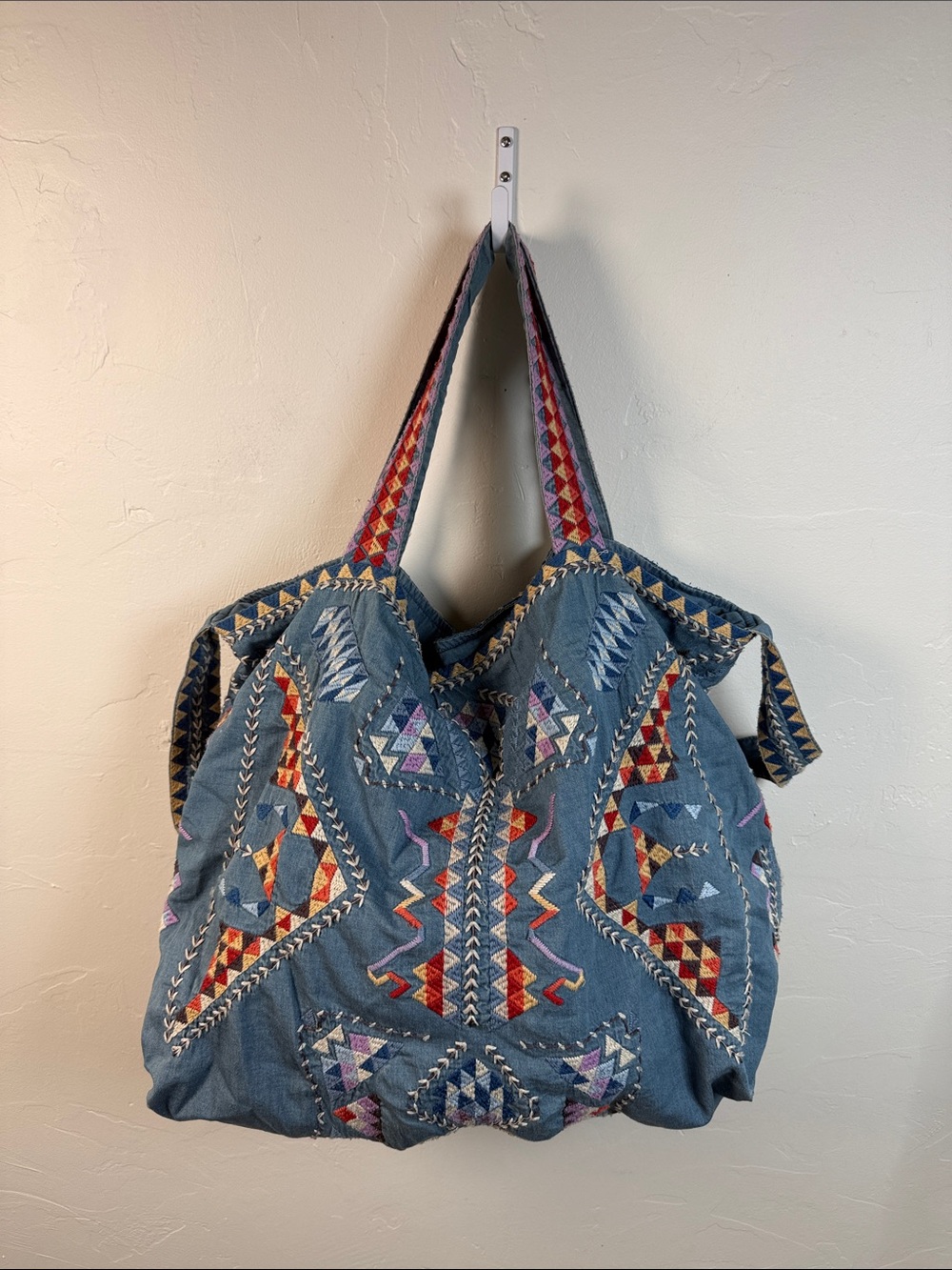 Johnny Was 3J workshop Blue Embroidered Denim Tote